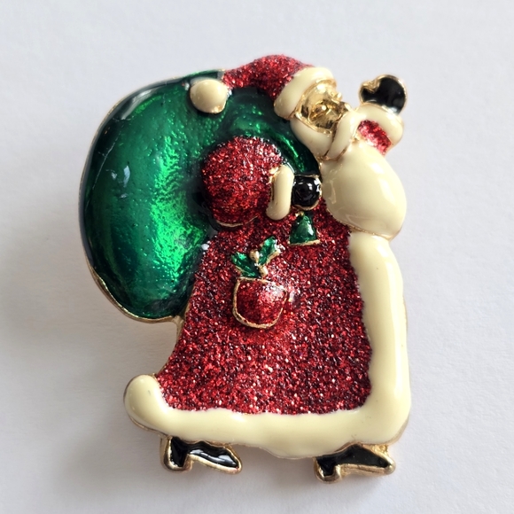 Vintage Santa Claus brooch Christmas holiday pin Red green gold tone - Picture 1 of 9